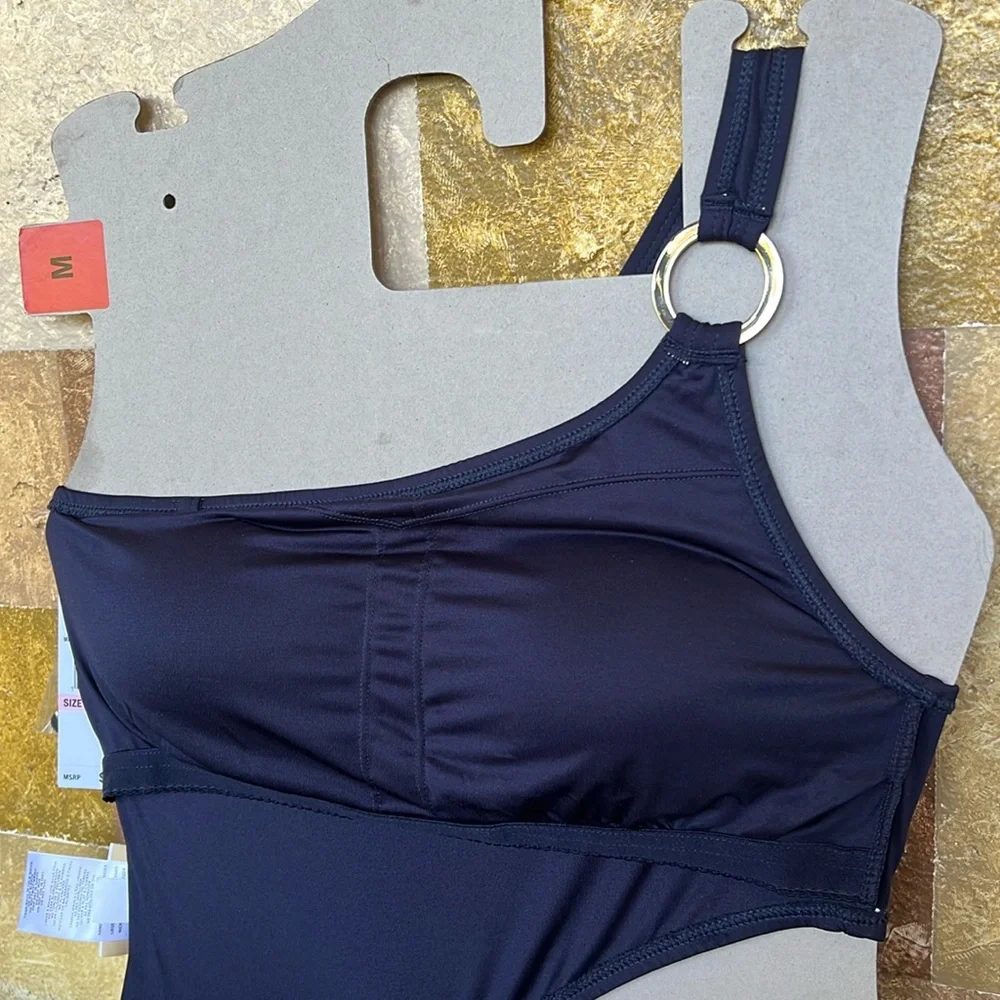 NEW Michael Kors One Shoulder O-Ring Blue Cut-Out One Piece Swimsuit, Size 10